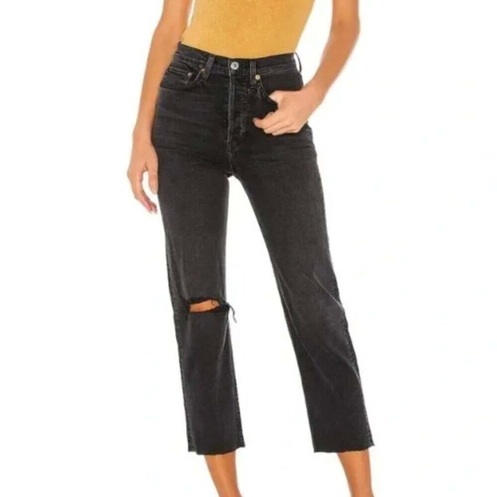 Re/Done High Rise Stove Pipe Jeans 24 Vintage Black Destroy